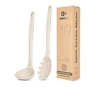 Silicone Pasta Fork and Soup Ladle Set, Heat Resistant Non Stick Kitchen Utensils with Back Hooks, Suitable for Cooking, Stirring, Serving Spaghetti, Soup, Sauce(Khaki)