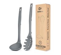 Silicone Pasta Fork and Soup Ladle Set, Heat Resistant Non Stick Kitchen Utensils with Back Hooks, Suitable for Cooking, Stirring, Serving Spaghetti, Soup, Sauce (Gray)