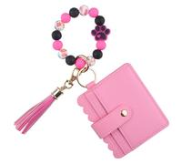 Silicone Paw Beaded Bracelet Wallet Credit Card Holder ID Window Key Ring Tassel Car Key Women Wristlet Keychain Purse (Pink)