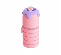 Silicone Pencil Case Retractable Standing Pen Holder Pouch Organizer with Slide and Adorable Cartoon Cap Made of Care Silicone Suitable for Students Art Class Study Room Travel, Pink