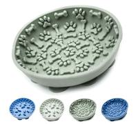 Silicone Pet Bowls - Slow Feeder Dog Bowl with 9 Suction Cups - Non Slip, Raised Ridges, Maze Design - Interactive & Control Feeding for Small to Medium Dogs & Cats (Grey (Bone & Paw), 15cm)
