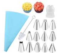 Silicone Piping Bags, 12 pcs Stainless Steel Nozzles Set with Coupler, 1 Reusable Icing Piping Bag with Cleaning Brush for Decorating Cakes, Pastries & Cupcakes