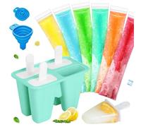 Silicone Popsicle Molds,BPA Free Reusable Ice Pop Molds with Popsicle Sticks,100 Disposable Popsicle Bags & Funnel,Easy Release Homemade Frozen Treat Maker (Green, 4-Cav)