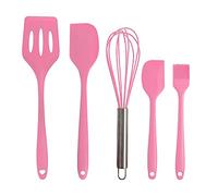 Silicone Rubber Kitchen Supplies Set Baking Tools 5PCS (Small Scraper + Large Scraper + Egg Beater + Leak Spatula + Small Oil Brush) Pink