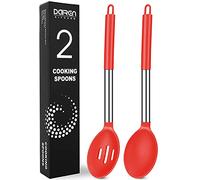 Silicone Serving Spoons, 2 Pack Solid & Slotted Spoon Set, Non-Stick BPA Free Heat-Resistant Kitchen Utensils, Plastic Cooking Spoons for Soup, Serving, Draining, Stirring (Red)