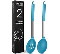 Silicone Serving Spoons, 2 Pack Solid & Slotted Spoon Set, Non-Stick BPA Free Heat-Resistant Kitchen Utensils, Plastic Cooking Spoons for Soup, Serving, Draining, Stirring (Blue)