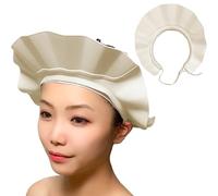 Silicone Shower Cap with Adjustable Head Strap, Eye and Ear Protection Shampoo Hat for Adults and Children, 24cm (Cream-colored)