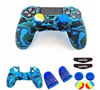 Silicone Skin Cover for Ps4 Controller (1pc Anti-Slip Case, 1 Pair L2 R2 Trigger Extender, 4pcs Thumb Grips,4pcs LED Light Bar Decal) Protector for DualShock PS4/ Slim/Pro Controller (Blue camouflage)