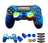 Silicone Skin Cover for Ps4 Controller (1pc Anti-Slip Case, 1 Pair L2 R2 Trigger Extender, 4pcs Thumb Grips,4pcs LED Light Bar Decal) Protector for DualShock PS4/ Slim/Pro Controller (sky blue&yellow)