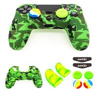 Silicone Skin Cover for Ps4 Controller (1pc Anti-Slip Case, 1 Pair L2 R2 Trigger Extender, 4pcs Thumb Grips,4pcs LED Light Bar Decal) Protector for DualShock PS4/ Slim/Pro Controller (Green camouflag)