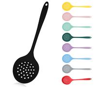 Silicone Slotted Spoon, Strainer, Skimmer - Non Stick, Heat Resistant, One-Piece (Black)