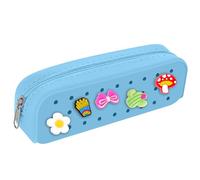 Silicone Small Pencil Pouch - Small Pencil Case with DIY Holes and 10 Decorative Charms, Multipurpose Makeup Bag or Stationery Organizer, Large Capacity(Blue)