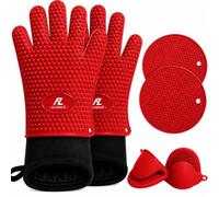 Silicone Smoker Oven Gloves & BBQ Set - Extreme Heat Resistant, Waterproof Oven Mitts, Mini Gloves, Hot Pads & Pot Holders for Cooking, Grilling, Baking, Extra Soft, Superior Value 6 pc Set. (Red)