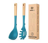 Silicone Soup Ladle and Spaghetti Spoon Set with Wooden Handle, Non Stick Heat Resistant Kitchen Utensils for Cooking, Stirring, Serving Pasta, Soup & Sauce(Blue)