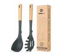Silicone Soup Ladle and Spaghetti Spoon Set with Wooden Handle, Non Stick Heat Resistant Kitchen Utensils for Cooking, Stirring, Serving Pasta, Soup & Sauce(Gray)