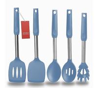 Silicone Spatula and Cooking Spoon,5 Pack Solid & Slotted Spoons and Spatulas High Heat resitant for Kitchen, Stainless Steel Handle Coated with Silicone, Non Stick Utensil, Starry blue