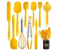 Silicone Spatula Set of 11 Kitchen Utensils with Iron Utensils Holder for Baking, Cooking, and Mixing,Cooking Spatulas Nonstick Cookware，Seamless and Flexible,Dishwasher Safe (Yellow)