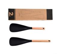 Silicone Spatula Set with Wooden Handle, Heat Resistant Cooking Utensils for Nonstick Pans, Flexible Scraper Spoon for Mixing and Baking, Black(2pcs Set Black)