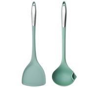 Silicone Spatula with Stainless Steel Handles and Slotted Spoon Set | High Temperature Resistant, Anti-slip Ergonomic Long Handles, round Edges, Green Finish, Two-piece Kitchen Set