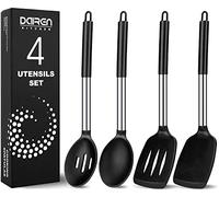 Silicone Spatulas and Spoons, 4 Pack Heat Resistant Set, Non Stick Large Kitchen Utensils for Cooking, Mixing, Serving, Draining, Black