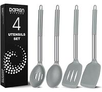 Silicone Spatulas and Spoons, 4 Pack Heat Resistant Silicone Cooking Utensils Set, Non Stick Large Kitchen Silicone Spatula and Spoons for Mixing, Serving, Draining, Grey