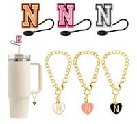 Silicone Straw Cover for Stanley Cup 30&40oz 3PCS Handle Personalized Letter Charms with 3PCS 10mm Straw Cover Cap for Stanley Cup Orange Straw Tips Lids for Stanley Cup Accessories (Letter N)