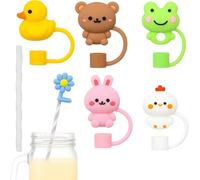 Silicone Straw Covers for 30oz/40oz Tumblers, 6 Pcs Reusable Animal Straws Toppers in Bear, Bunny, Duck, Frog, Chick & Flower, Dustproof Caps for Bottles, Cups, Kids’ Drinks & Outdoor Use