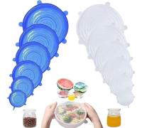 Silicone Stretch Lids 12pcs 6 Different Sizes Stretch Lids Silicone Food Covers Food Covers for Yogurt Pots, Microwave and Tin Can Lids (White Blue)