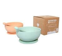Silicone Suction Bowl and Spoon Matching 2 Pack Set in Light Green and Peach, BPA Free, Dishwasher, Microwave and Freezer Safe