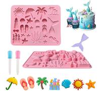 Silicone Summer Beach Gummy Cake Fondant Mold Chocolate Baking Mould + 2X Liquid Droppers, Fishtail Cupcake Topper Decor Fruit Snack Dessert Cookie Biscuit Molds Ice Candy Tray DIY Sugar Craft