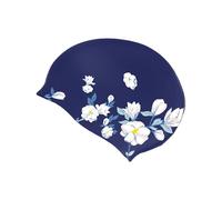 Silicone Swim Cap for Long Hair with Ear Coverage, Floral Dark Blue Swimming Cap for Women Child Beach Swim Training Flower