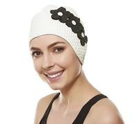 Silicone Swim Cap - Women Stylish Swimming Cap Great For Ladies, Perfect To Keep Hair Dry - Suitable For Long Hair - Bubble Crepe With White and Black Flowers