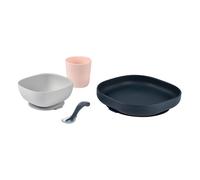 Béaba Baby Food Set Silicone Tableware with Suction Cup Non-Slip 4 Pieces Plate + Bowl + Glass + Spoon Healthy and Sustainable Silicone Dishwasher Safe Microwave Safe Night Blue