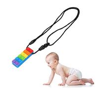 Silicone Teether, Building Block Shape High Strength Temperature Resistant Chewing Pendant Necklace, for Sensory Seeking Needs in Children (Blue Rainbow Building Blocks teether)