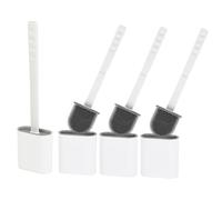 Silicone Toilet Brush With Holder - Pack of 4 Long Non-Slip Handle, Flexible Bristles for Easy Cleaning - Modern Drip-Free Base, Durable White Bathroom Toilet Brush Set With Holder