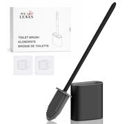 Silicone Toilet Brush with Holder Set Pack of 1 - Flat Flexible Head Under-Rim Clean Where Others Miss, Non-Stick Easy Rinse, Drip-Free Holder, Wall Mounted Toilet Brush Black or Loo Brush
