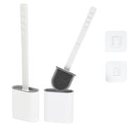 Silicone Toilet Brushes & Holders - Pack of 2 Long Non-Slip Handle, Flexible Bristles for Easy Cleaning - Modern Drip-Free Base, Durable White Bathroom Toilet Brush Set With Holder