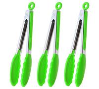 Silicone Tongs 9" Stainless Steel Locking Kitchen Tongs Set of 3 (Green)