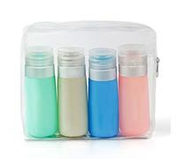 Silicone travel bottles for toiletries 100ml Set, 4 Pack leakproof bottle (85ml) label and clear cabin bags shampoo hand soap beach bag with zip holiday essentials, Multicolor