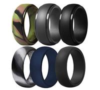 Silicone Wedding Ring for Men, 6 Pack Breathable Silicone Rubber Wedding Bands Durable Silicone Ring - 8.7 mm Wide(Camo,Navy Blue,Dark Grey,Black), Size 9 - (18.95 mm), Silicone,Metal,Rubber, No