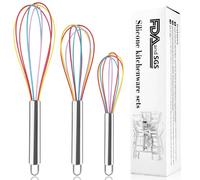 Silicone Whisk Set,Stainless Steel Handle Whisk 8" 10" 12" Rubber Whisks Cooking Non Scratch High Heat Resistant,Balloon Egg Beater for Whisking,Beating,Blending Ingredients,Mixing Sauces,Rainbow