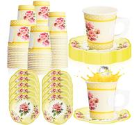 SiliFine 100 Pcs Tea Party Decorations Includes 50 7 oz Paper Tea Cups with Handle 50 Vintage Floral Plates Disposable Tea Cups and Saucers for Wedding Spring Party Birthday Hot Cold Drinks(Yellow)