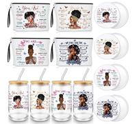 SiliFine 12pcs Christian Gifts for African Americans Black Women 17oz Christian Glass Cup with Lids Straws Black Women Afro Queen Canvas Travel Makeup Bag Compact Mirrors for Christmas Sisters Mom