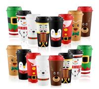 SiliFine 16 Pcs Christmas Reusable Coffee Cups 16 oz Tumbler with Lids Christmas Coffee Mugs Santa Elk Nutcracker Snowman Gingerbread Man Bear Penguin Styles Xmas Table Decor Birthday Party Supplies
