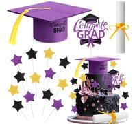 SiliFine 18 Pcs Graduation Cake Kit Included Felt Graduation Cap Diploma Glitter Star Shape Cupcake Toppers Decoration for 2026 Senior School University College Grad Party Supplies(Purple)