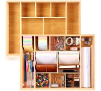 SiliFine 2 Pack Large Bamboo Desk Drawer Organizer, 10 Compartment Organization Tray Junk Drawer Storage Box Multi-use Container Bin for Kitchen, Sewing, Makeup, Office, Bathroom Vanity, 16.5"x12"