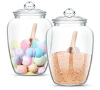SiliFine 2 Set 74 oz Bath Salt Containers with Airtight Lids and Wooden Scoops, Large Glass Epsom Salt Jars Bathroom Organizers and Storage for Laundry Soap, Flour, Sugar, Tea(Clear)