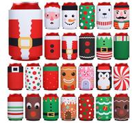 SiliFine 24 Pcs Christmas Beer Can Coolers Sleeves Bulk Collapsible Drink Insulator Sleeve Neoprene Xmas Santa Snowman Reindeer Beverage Coolies for Party Favors