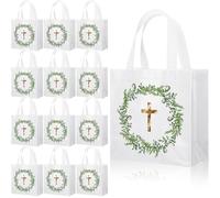 SiliFine 24 Pcs First Communion Gift Bags with Handles Reusable Non Woven Gold Cross Gift Tote Bags Bulk for Church Religious Baptism Baby Shower Supplies, 8.7 x 4.3 x 9.1 Inch
