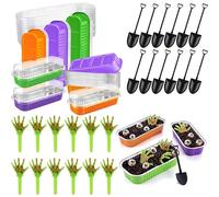 SiliFine 24 Set Halloween Zombie Hands Decor Green Skeleton Hands Cake Toppers Halloween Baking Pans with Lids Shovel Spoons Horror Spooky Decoration for Zombie Birthday Party(Purple, Green, Orange)